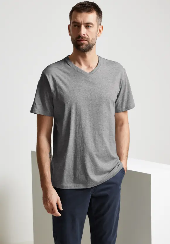Basic V-Neck  T-Shirt - stone grey melange