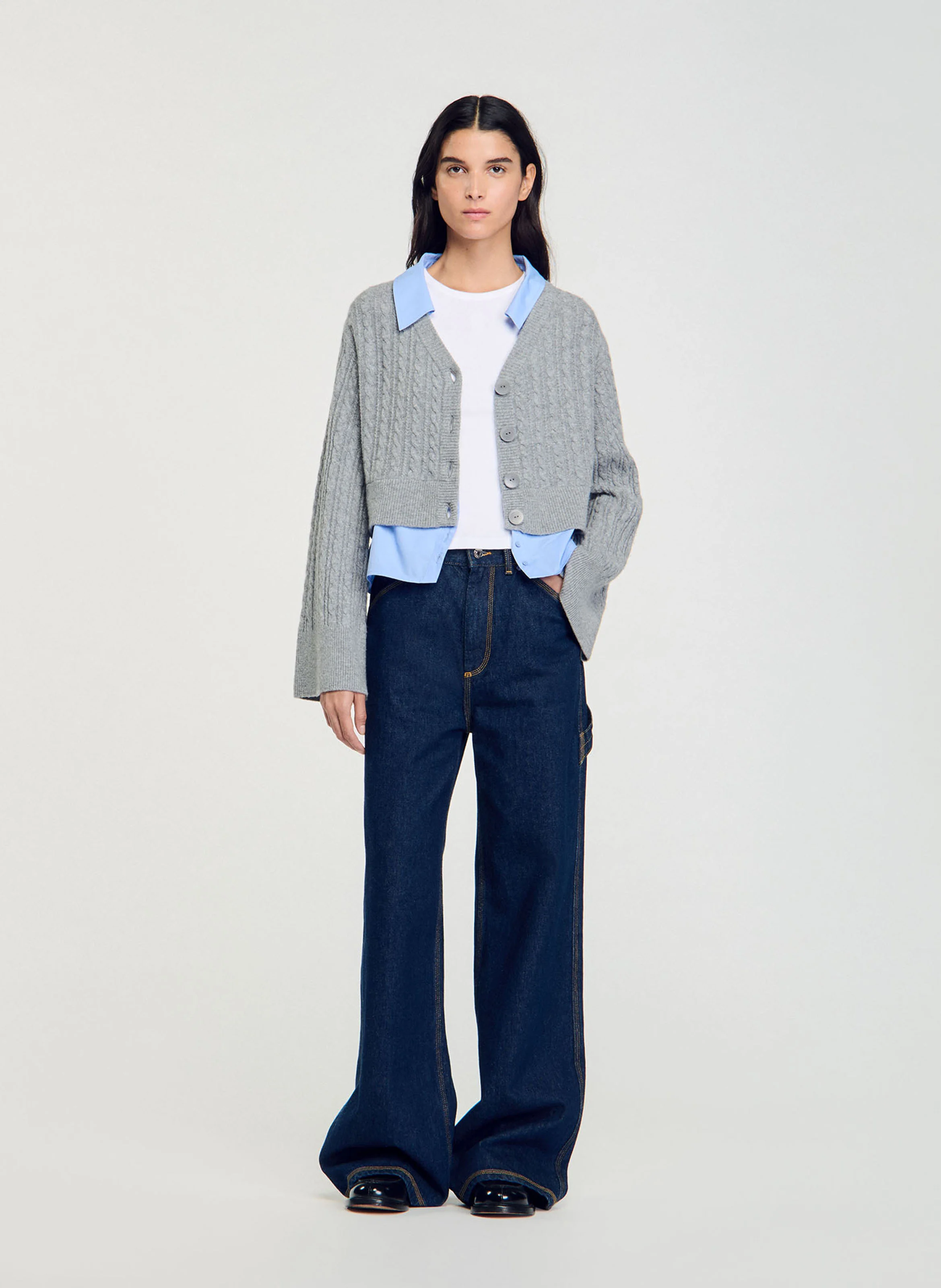Pull col chemise en laine mélangée | Gris