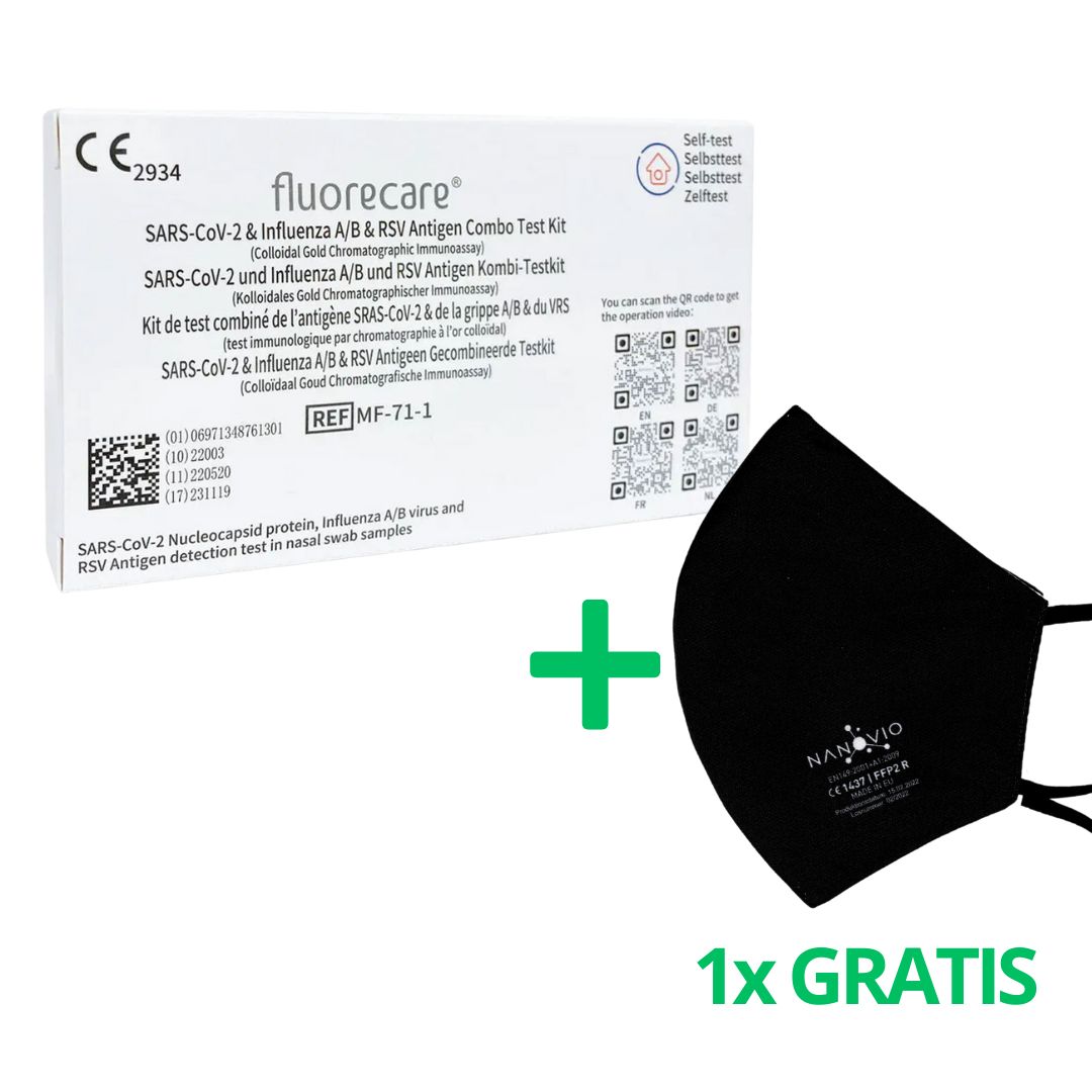 fluorecare® 4in1 SARS-CoV-2, Influenza A/B & RSV Combo-Schnelltest + Gratis Nanovio FFP2 Maske