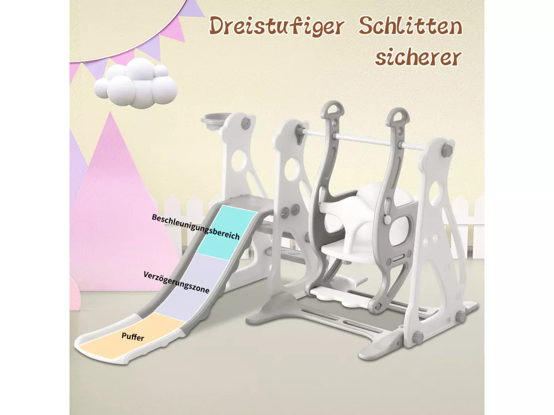 Toboggan pour enfants 4 en 1 - Convient pour l'intérieur et l'extérieur - avec balançoire, cadre de basket, toboggan, échelle - Gris