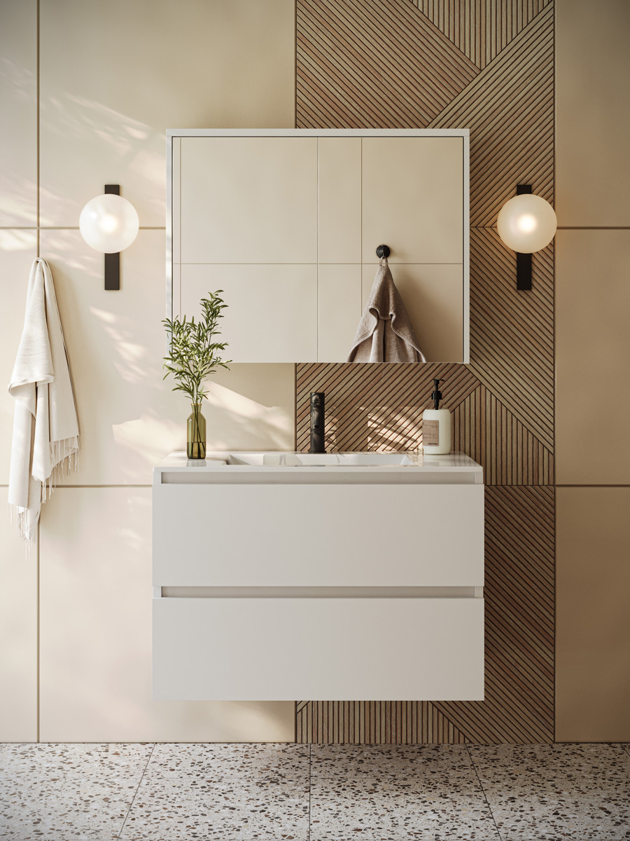 Fontana Rovigo badmeubel 80cm wit mat met witte wastafel met kraangat en spiegelkast zonder verlichting