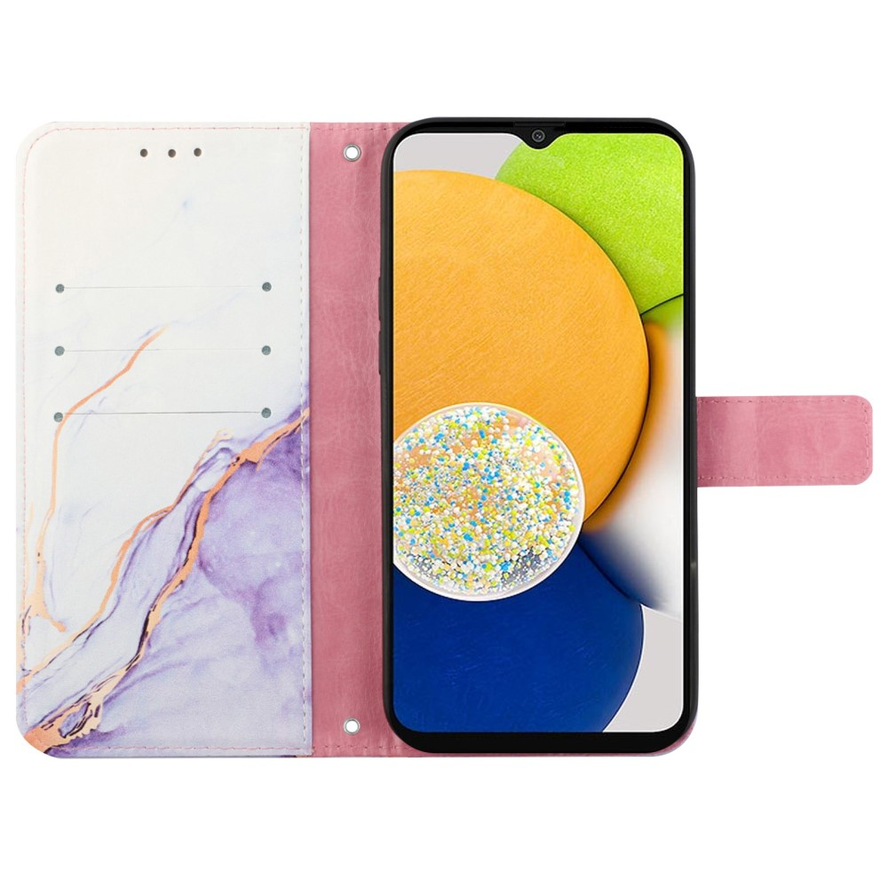 Samsung Galaxy A54 5G Leder Tasche mit Kartenfach   Handschlaufe Marble Marmor - Lila / Weiss