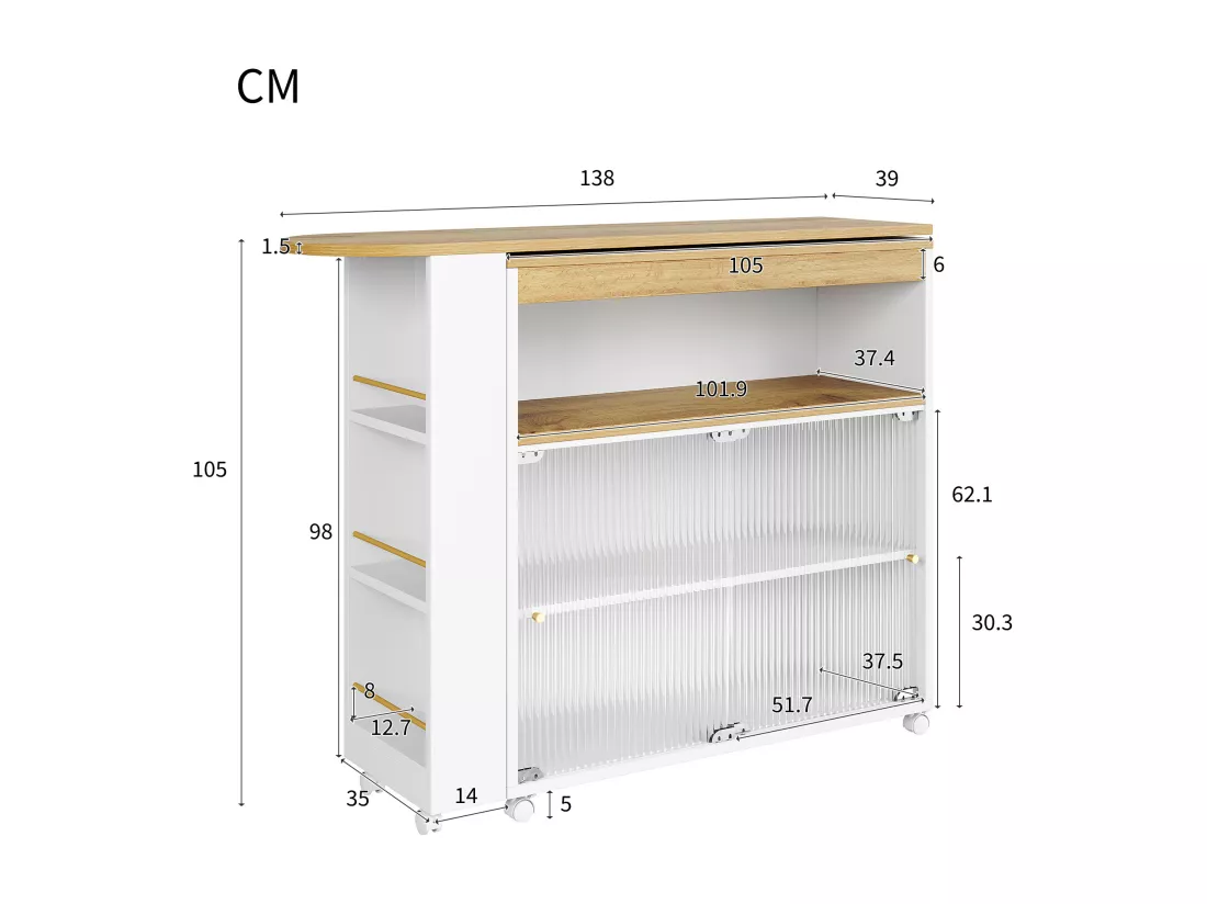 Buffet、Meuble de bar pivotant et escamotable avec LED - compartiments et étagère à épices - Blanc