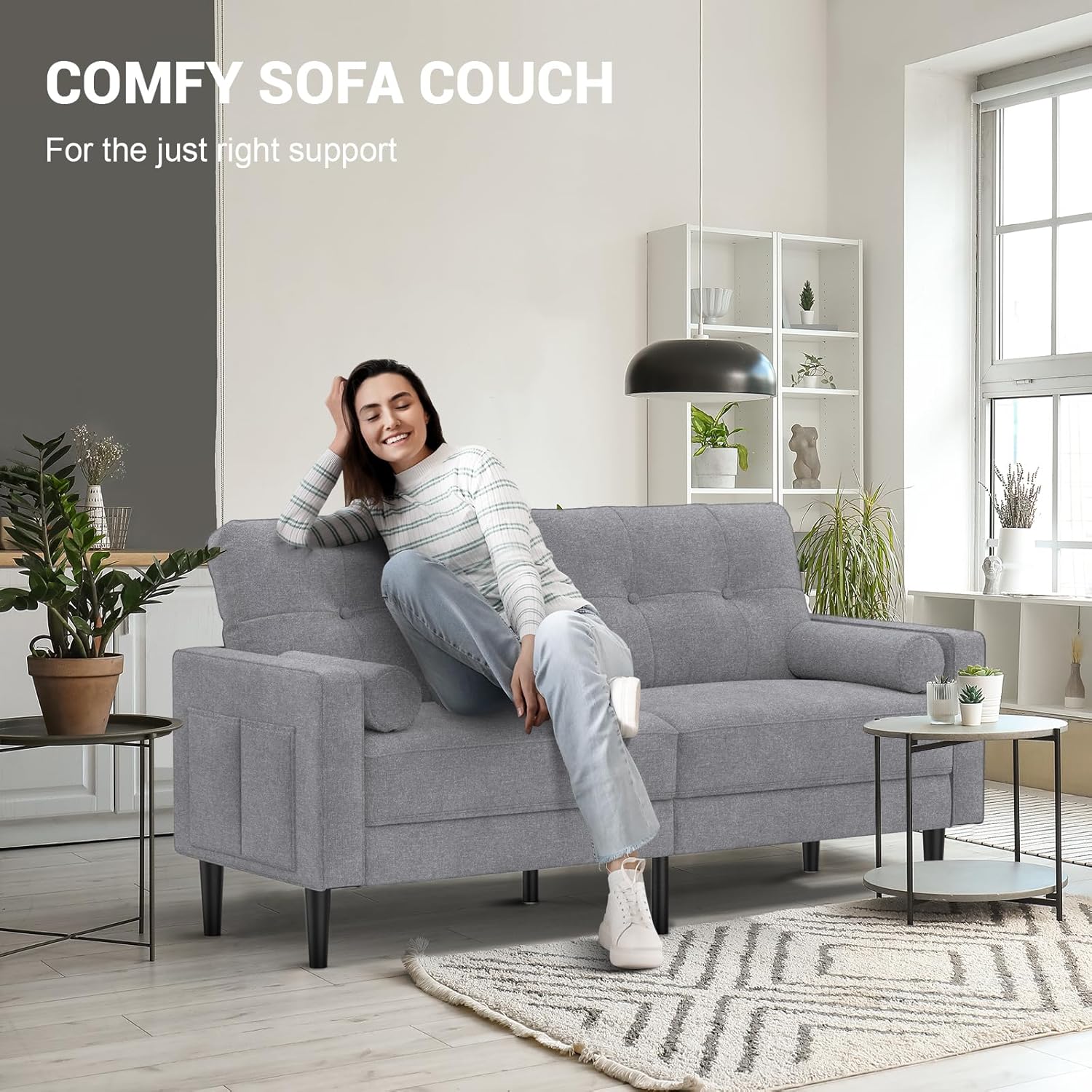 Sofa 2 Sitzer, Modernes Design Mit Dicken Polstern, 2 Kissen, Bequemes Leinensofa Mit 2 Staufächern für Wohnzimmer/Schlafzimmer/Büro, Leicht Zusammenzubauendes Kleines Möbelstück, Grau