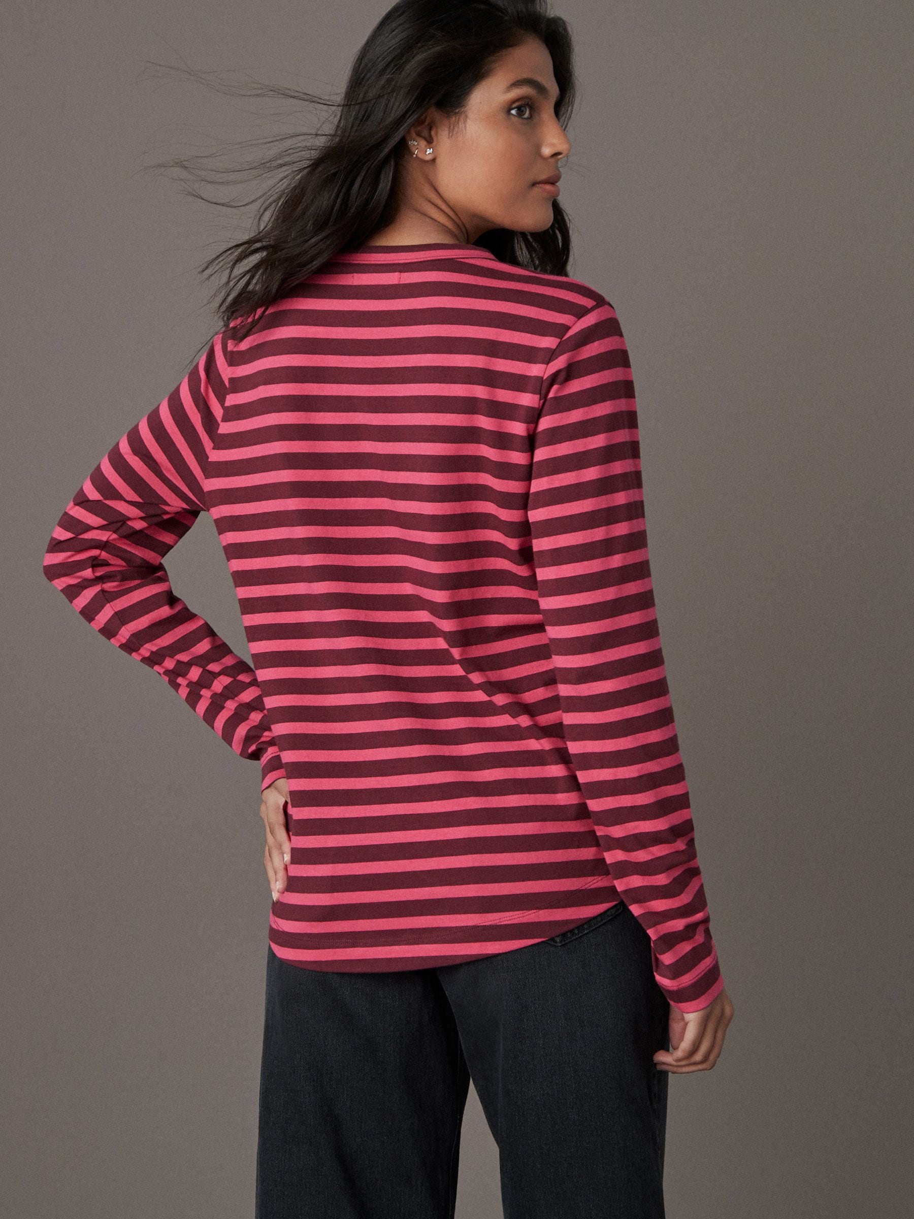 Bordeauxrood gestreept - 100% katoenen T-shirt met lange mouwen