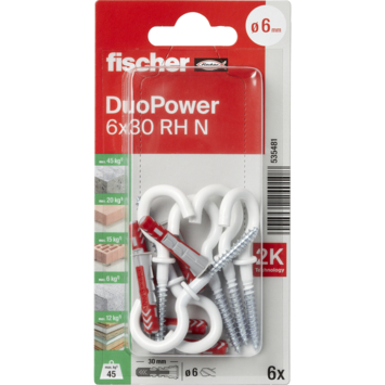 Fischer Universeelplug DuoPower 6x30mm met witte schroefhaak 6 stuks