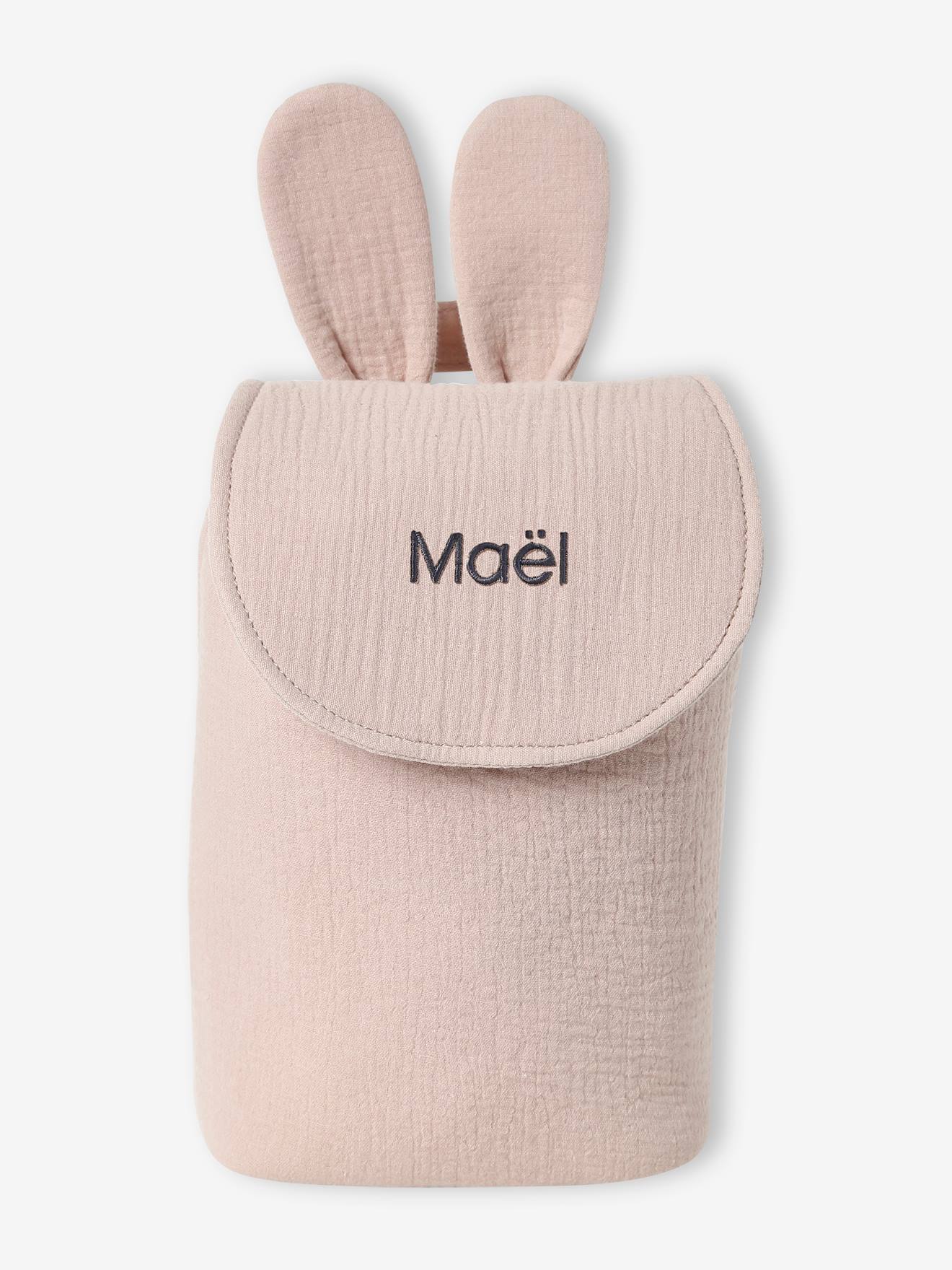 Mochila personalizável feita de tecido azul-acinzentado.