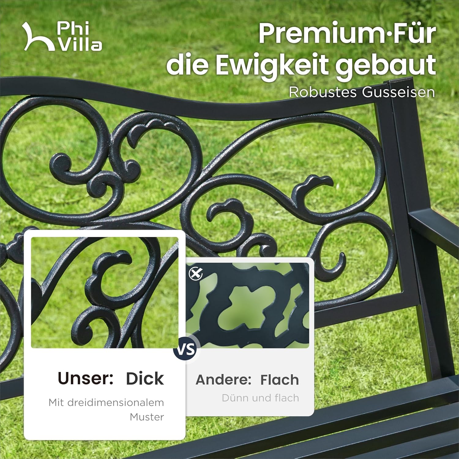PHI VILLA Gartenbank Wetterfest Metall Gusseisen Stahlrahmen 2-3 Sitzer Bank Outdoor mit Floralem Design Rückenlehne Sitzbank für Park, Garten und Terrasse