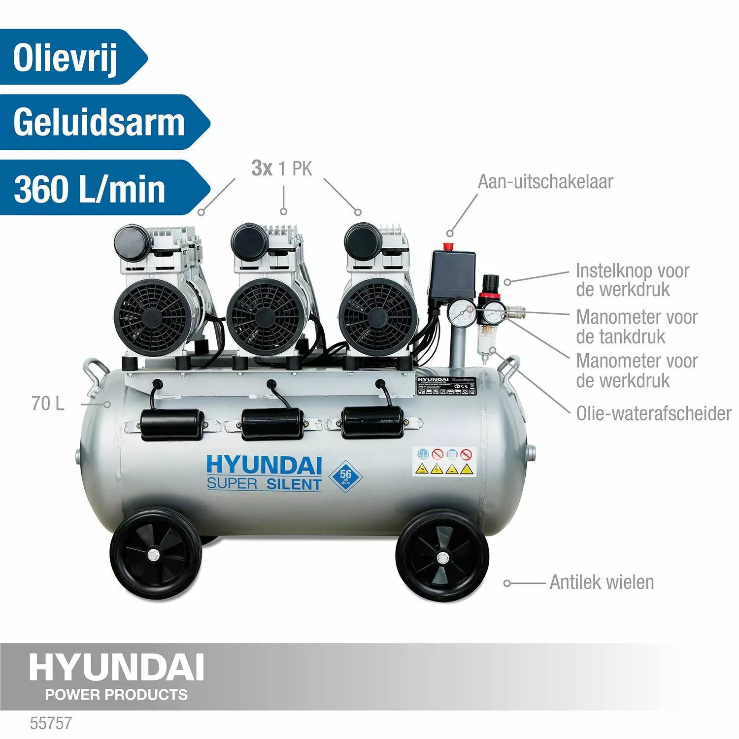 Hyundai 55757 Stille compressor - 70L - 8bar