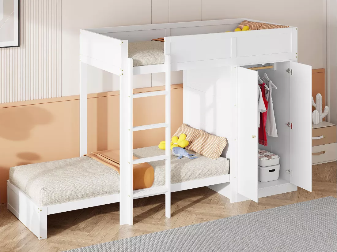 Lit superposé 90x200cm - avec escalier et armoire - 2 sommiers à lattes - Blanc
