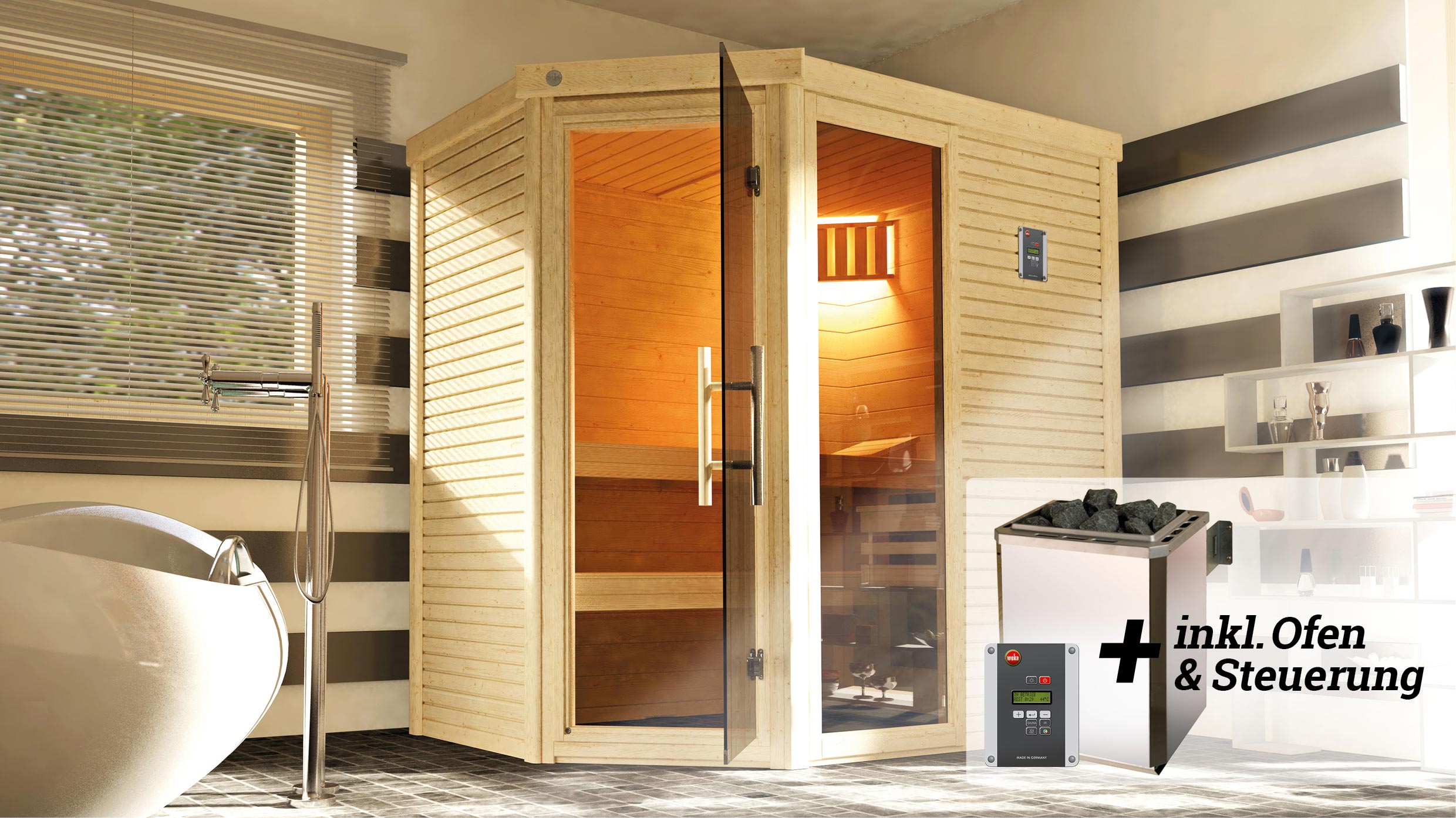 weka Design-Sauna CUBILIS Gr. 2 Sparset 7,5 kW OS inkl. digitaler Steuerung, Glastür und Fenster