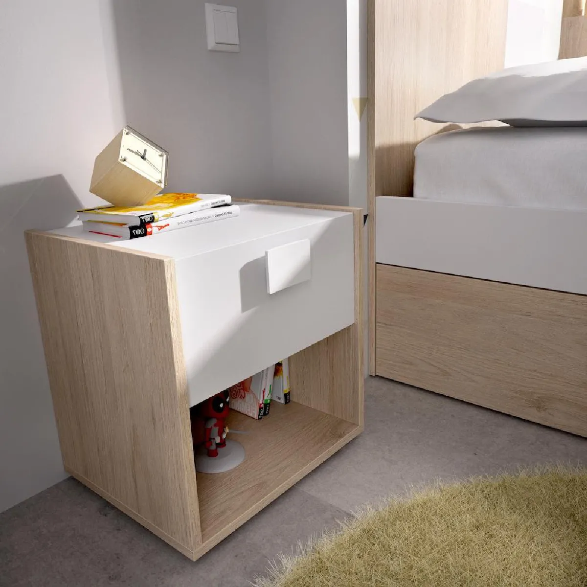 pegane Table de Nuit Enfant Chêne/Blanc