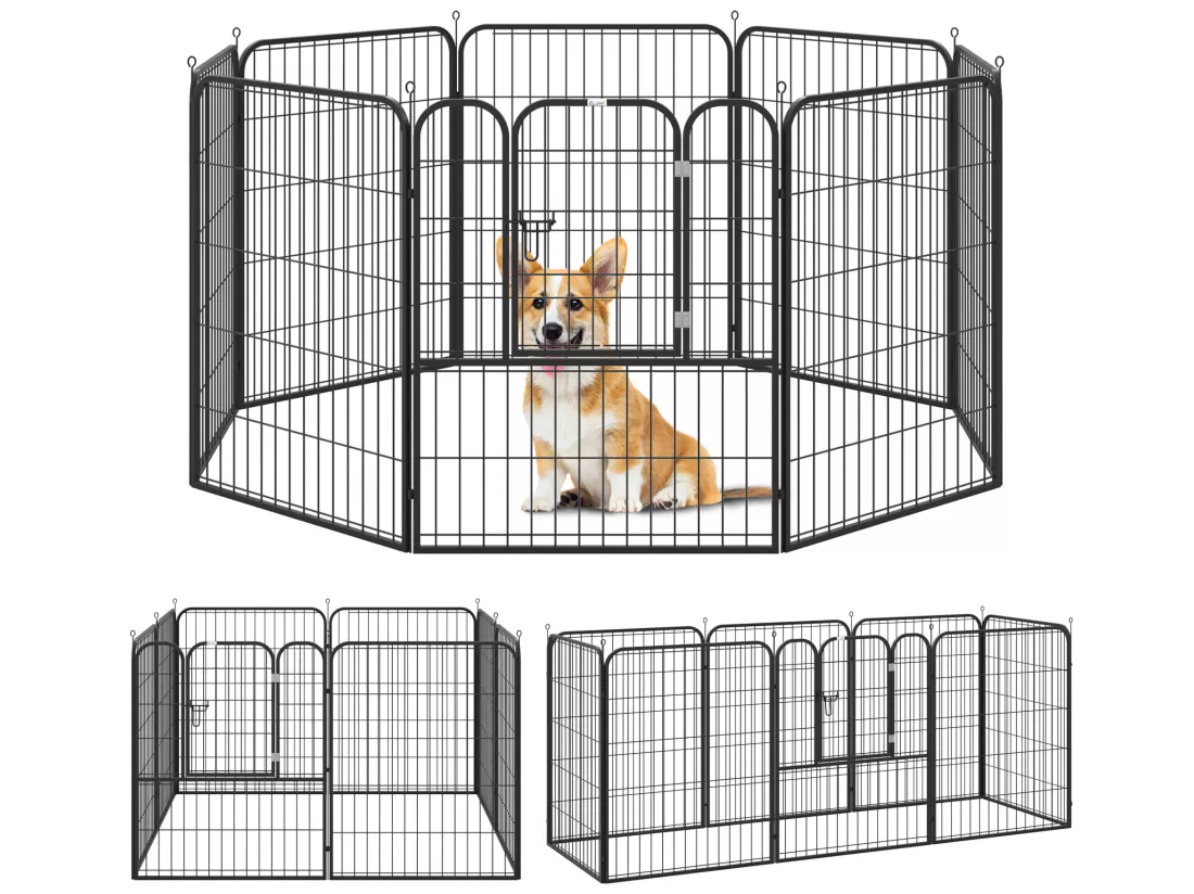 Luxe parc enclos modulable pour chien 8 panneaux porte verrouillable acier époxy noir