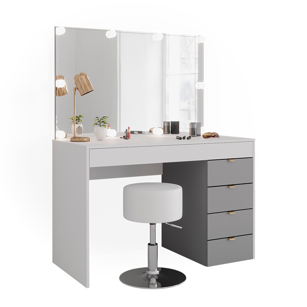 Vicco Schminktisch Elise Weiß Grau 115 x 76 cm modern Frisiertisch Schubladen Spiegel Hocker LED-Beleuchtung