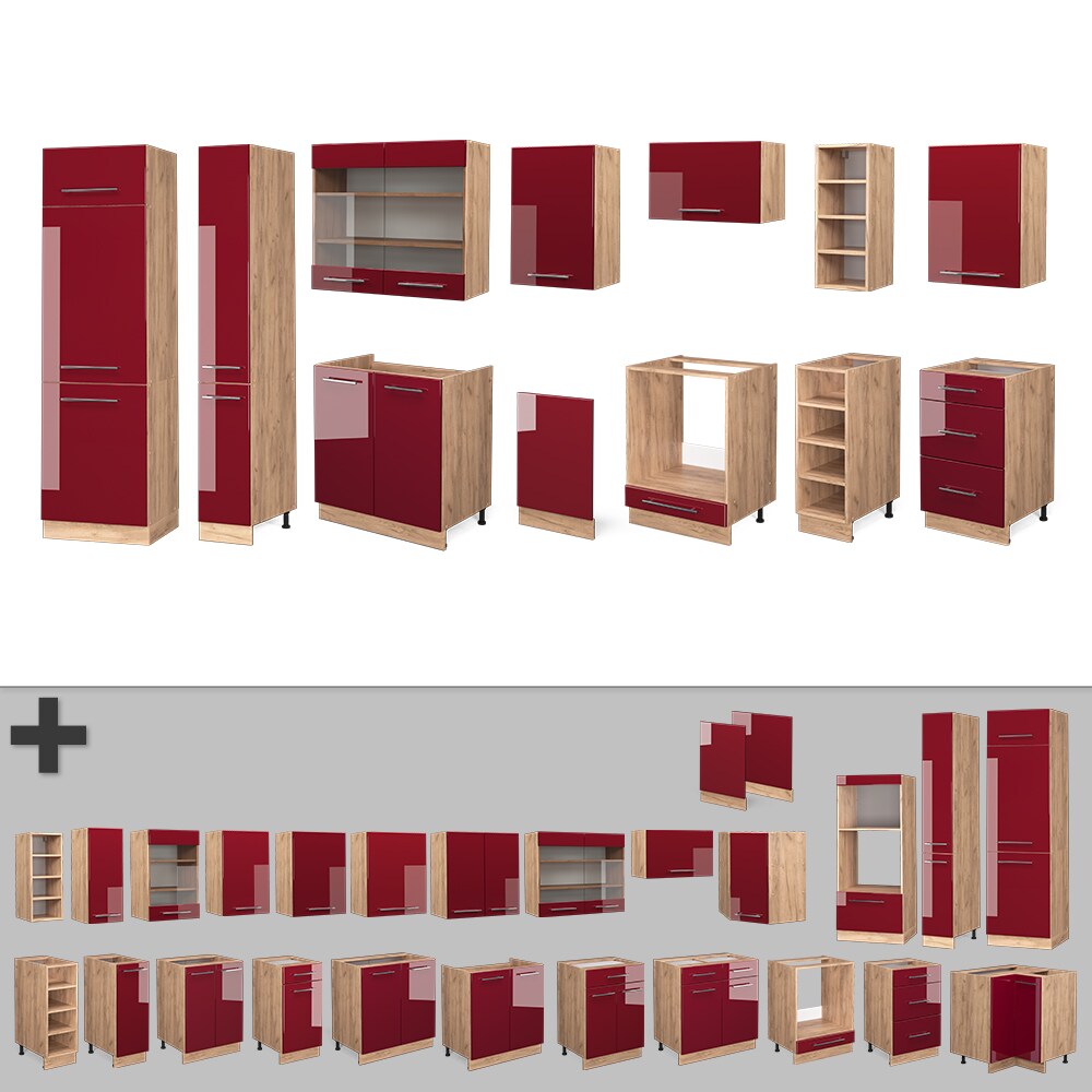 Vicco Küchenzeile Küchenblock Einbauküche Fame-Line Eiche Bordeaux Rot 355 cm modern Spülenunterschrank Herdumbauschrank Schubunterschrank Hängeschrank Kühlumbauschrank Apothekerhochschrank Unterschrank