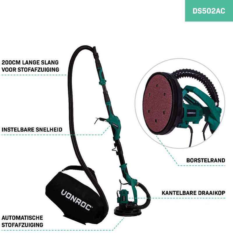 VONROC Telescopische Plafondschuurmachine - 1050W - Ø225MM