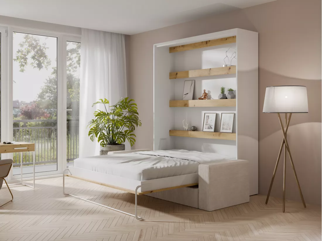 Lit escamotable 140 x 200 cm - Ouverture verticale manuelle - Avec LEDs - Blanc et naturel + Matelas + Canapé - RAPILI