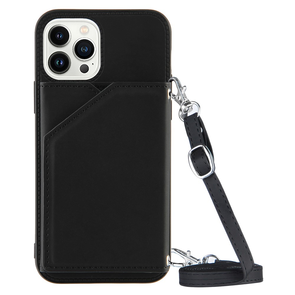 iPhone 15 Pro Max Necklace Leder Schutz Hülle mit Kartenfächer   Handykette (150cm) - Schwarz