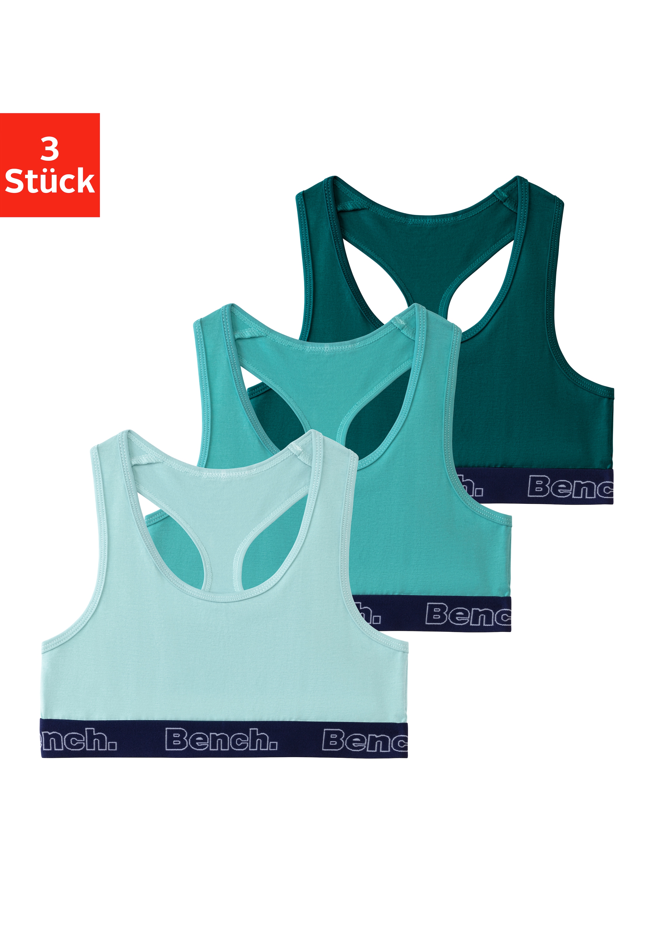Bench. Bustier Packung, 3 mit kontrastfarbigem Bündchen und Racerback