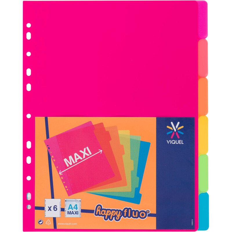 Intercalaire A4+ maxi en polypropylène Viquel Happy Fluo 6 onglets - 1 jeu