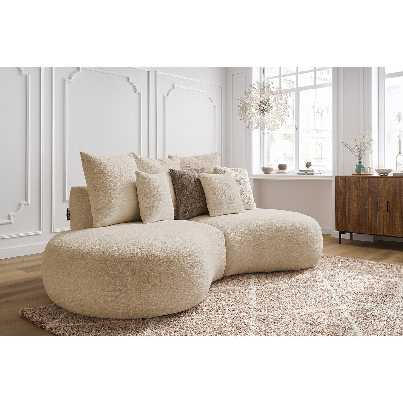 Bobochic Canapé droit fixe 3 places saint-germain tissu bouclette beige - 260x145x92 cm