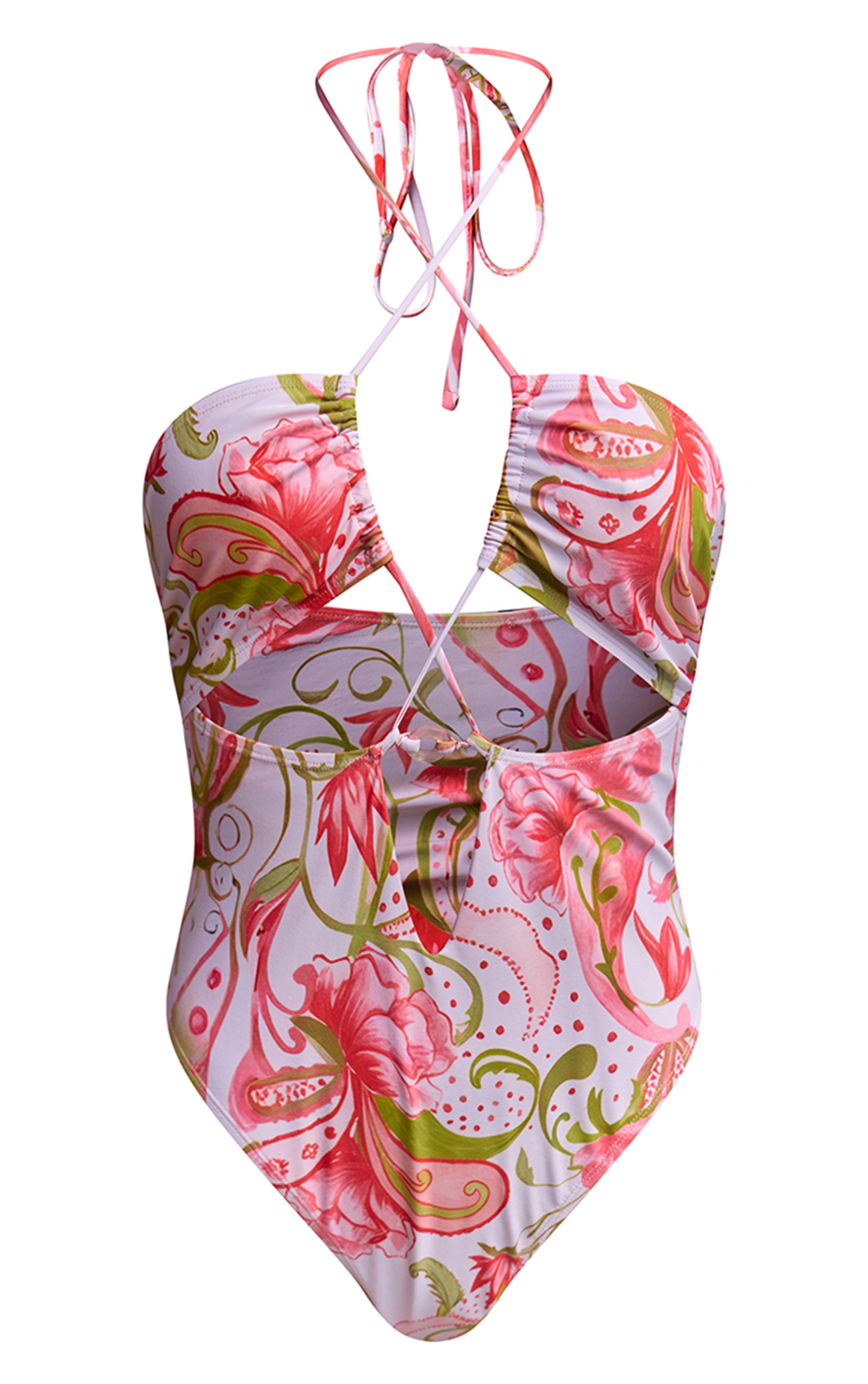 Crème Maillot De Bain Échancré À Col Licou Imprimé Cachemire