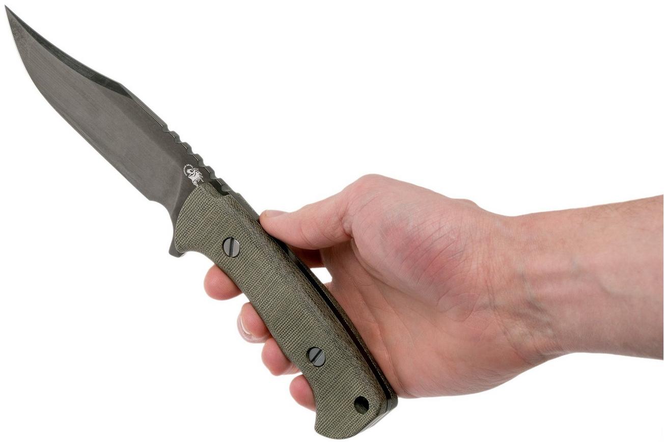 Rick Hinderer Ranch Bowie Green Canvas Micarta, DLC Stonewashed, bowie mes