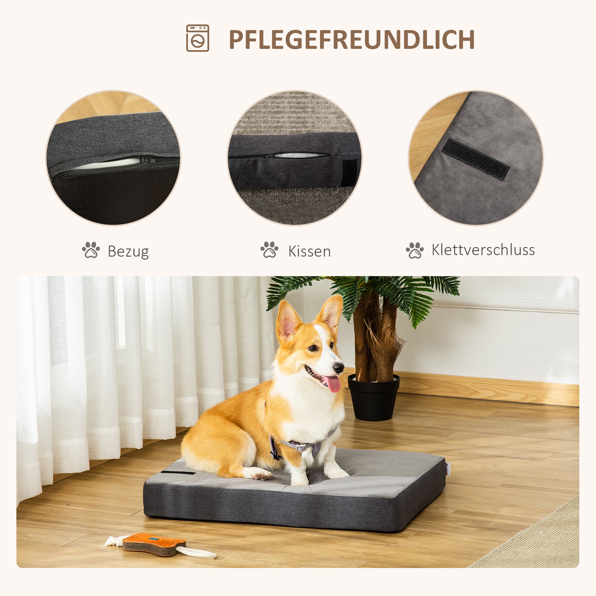PawHut Hundebett mit abnehbarem Bezug grau 60L x 55B x 20H cm