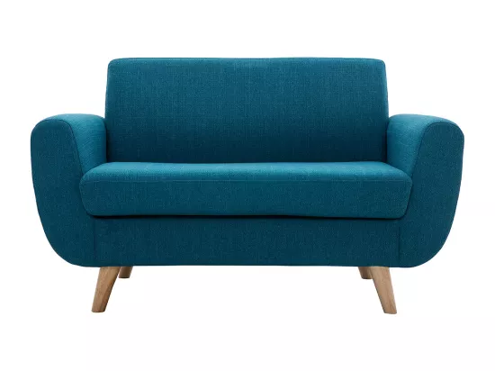 Canapé scandinave 2 places en tissu bleu canard et bois clair PURE