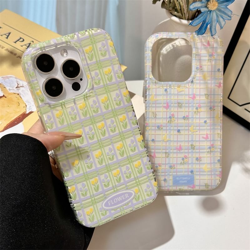 Fonekase - Bloemen geruit telefoonhoesje - Apple iPhone 16 Pro Max / 16 Pro / 16 Plus / 16 / 15 Pro Max / 15 Pro / 15 Plus / 15 / 14 Pro Max / 14 Pro / 14 Plus / 14 / SE / 13 Pro Max / 13 Pro / 13