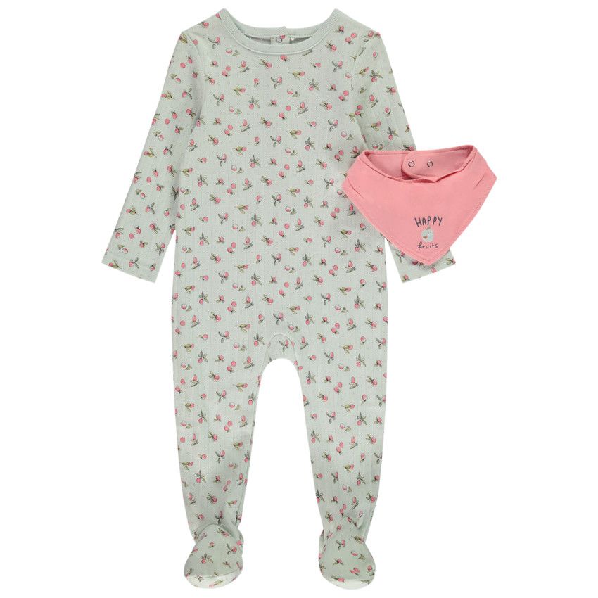 Ensemble dors-bien imprimé + bavoir bandana pour bébé fille avec ouvertures différentes selon l'âge - Vert