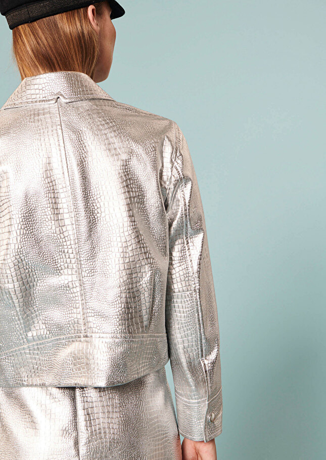 Veste Valenteargentée en cuir effet croco