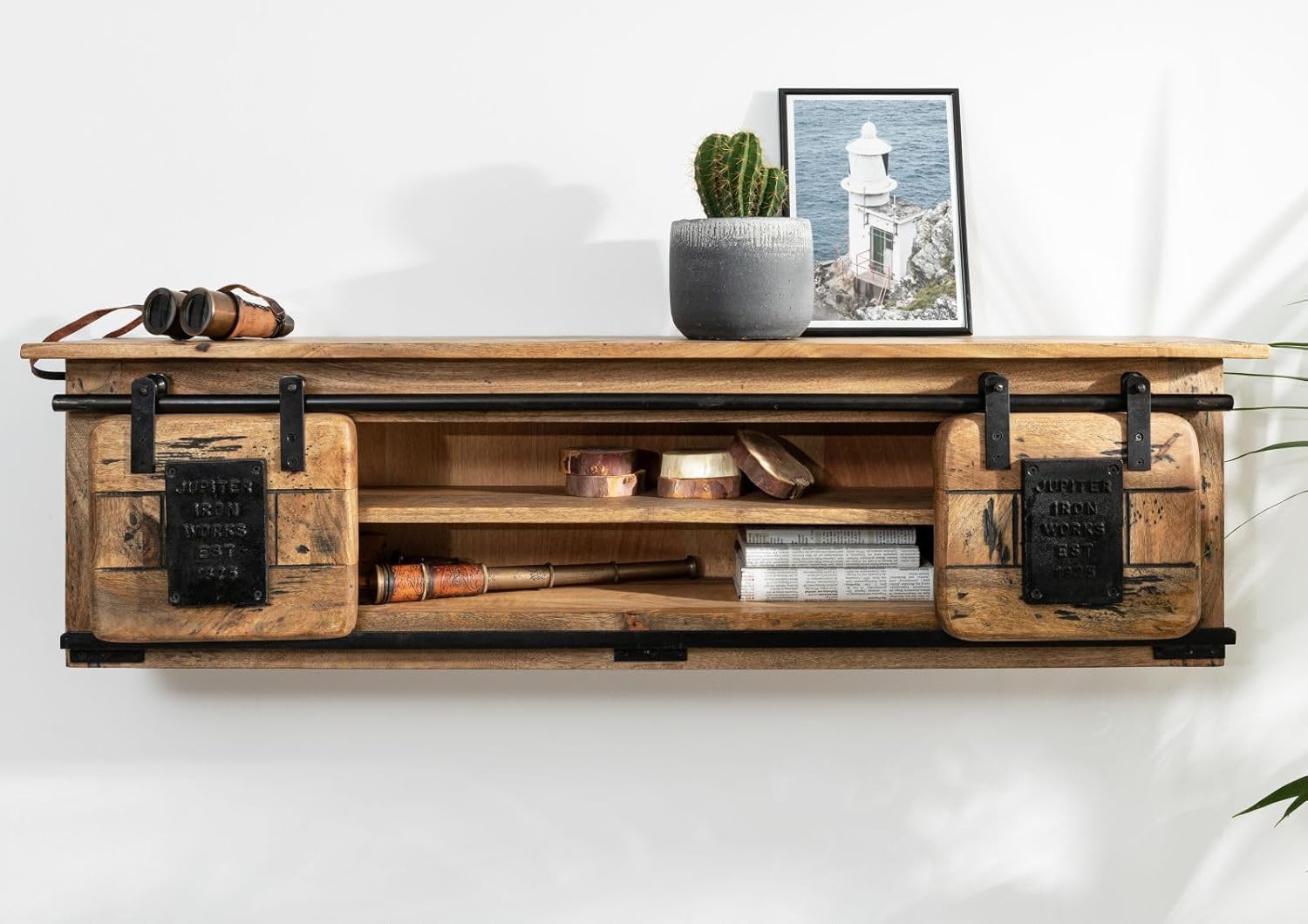 MASSIVMOEBEL24.DE Railway Wandregal 130x25x35 Mango mit 2-türig Zwischenboden, Farbe:Natur lackiert, Größe:130x25x35 cm (BxTxH)
