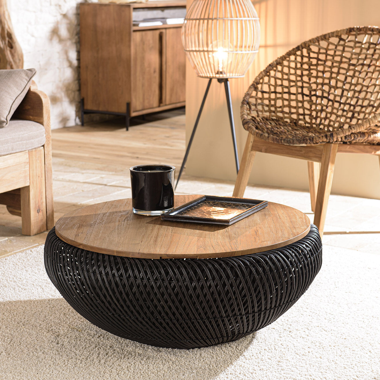 Macabane Table basse ronde en rotin noir plateau amovible Sixtine bois/noir - D.80x32 cm