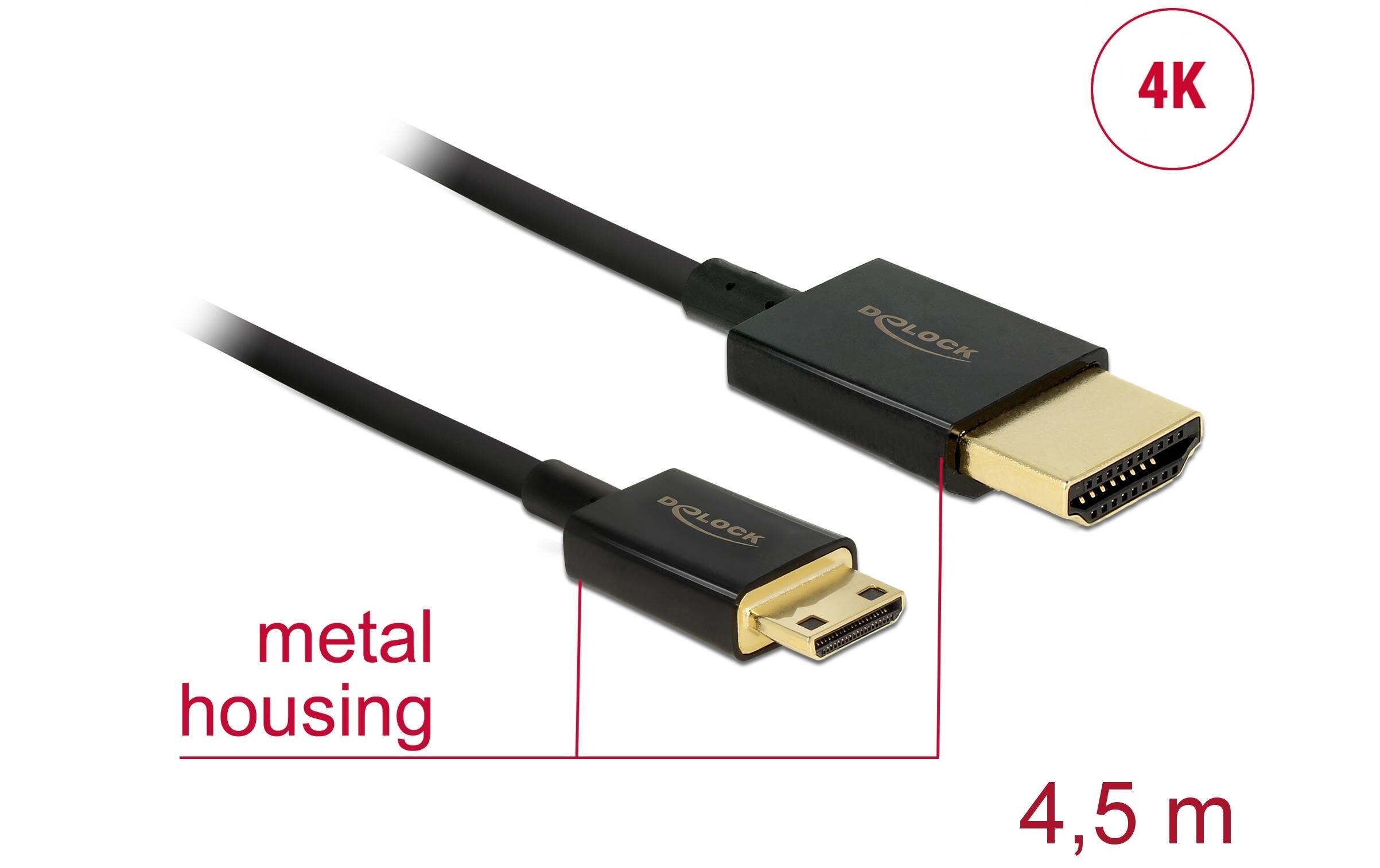 Kabel 4K 60Hz HDMI - Mini-HDMI (HDMI-C), 4.5 m, SchwarzDelock Kabel High Speed HDMI mit Ethernet – HDMI-A Stecker > HDMI Mini-C Stecker 3D 4K 4.5 m Slim High Quality