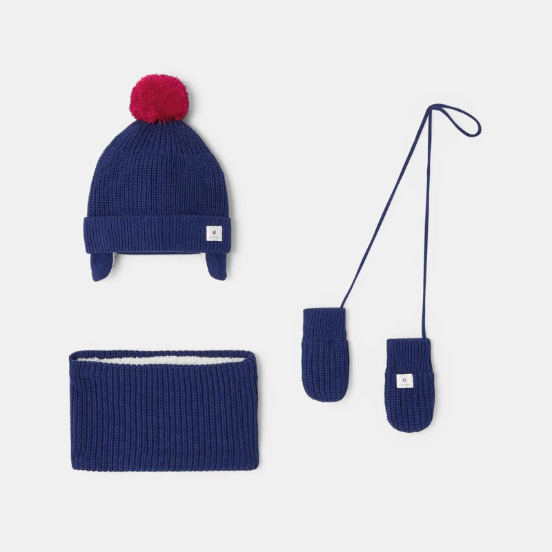 Ensemble bonnet, tour de cou et moufles en tricot fourré bleues mixte Absorba Bleu