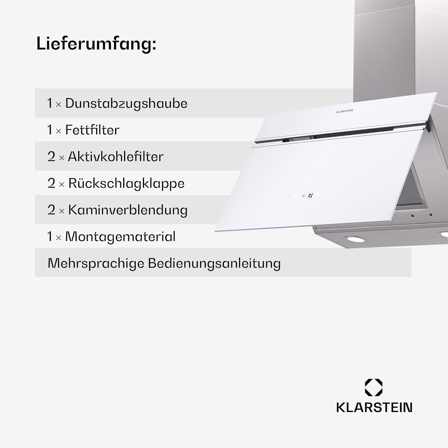 Klarstein Alina Dunstabzugshaube - 60cm Kopffreihaube, 520 m³/h Luftstrom, A++ Energieeffizienz, LED-Beleuchtung, Touch Control, Umluft & Abluft, Weiß