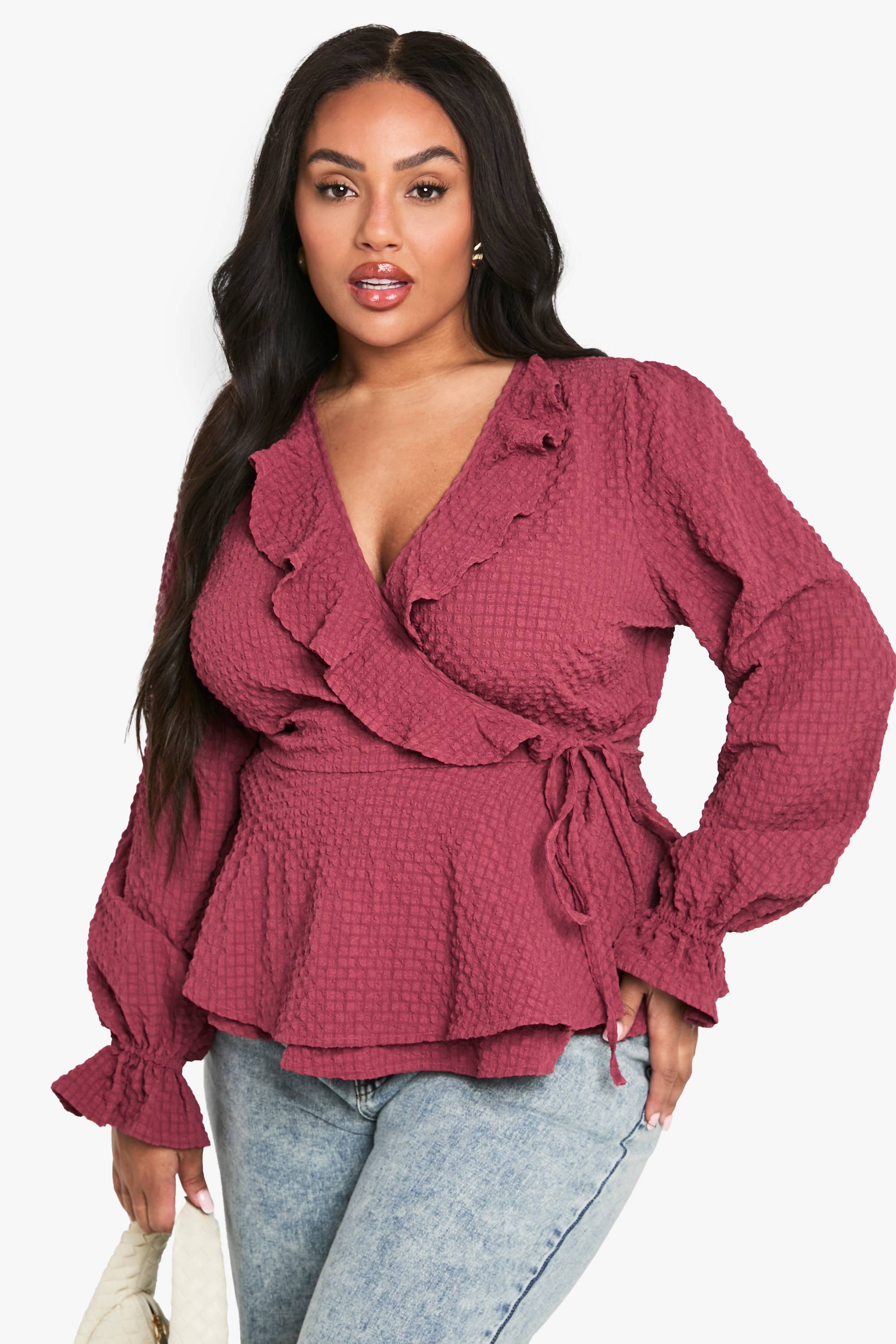 boohoo plus textured tie detail WRAP RUFFLE blouse