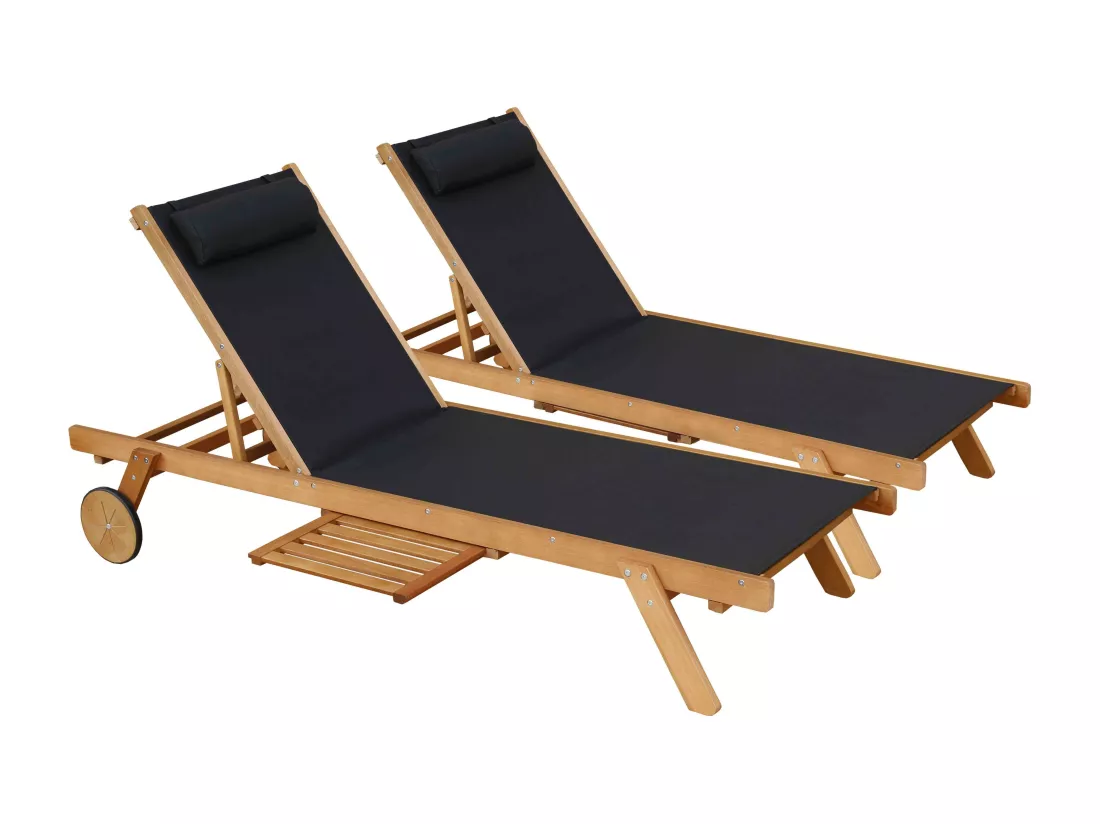 Lot de 2 bains de soleil avec coussin et tablette en bois noir - Calgary