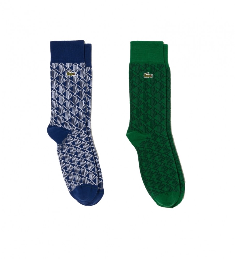 Conjunto de duas meias Lacoste com monograma em jacquard, verde e azul.