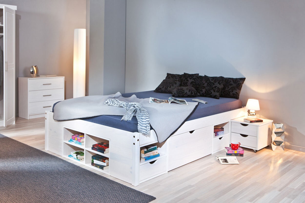 Stauraum-/Funktionsbett Lauro 140 x 190 cm Kiefer massiv weiß lackiert