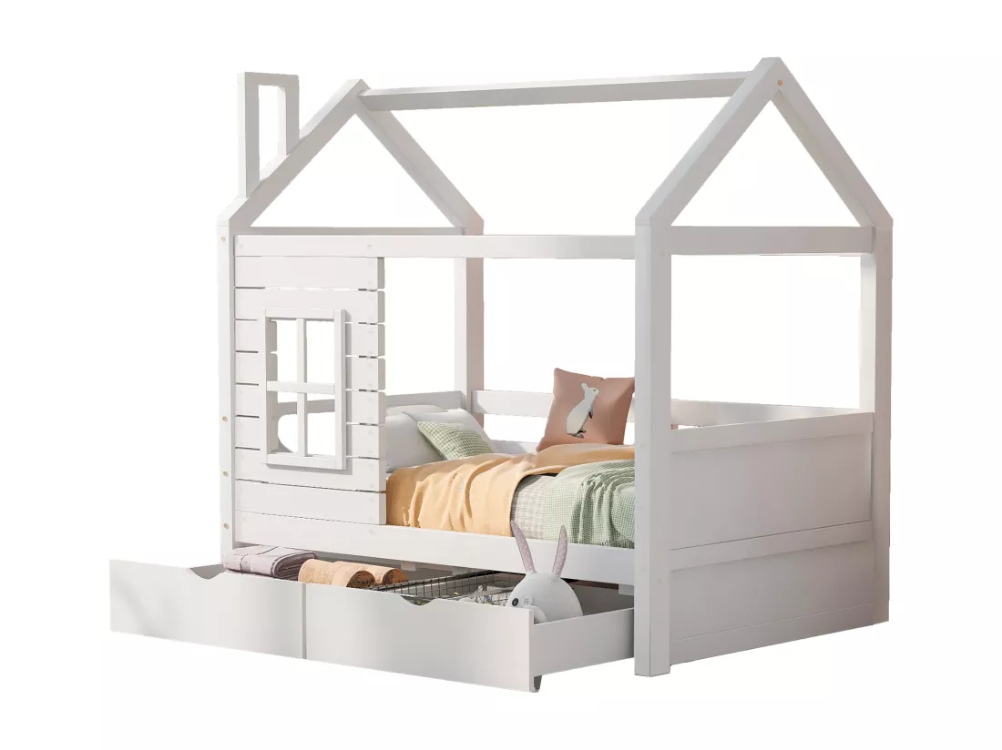 Lit cabane 80x160 cm avec 2 tiroirs - en forme de maison - en bois massif - Blanc