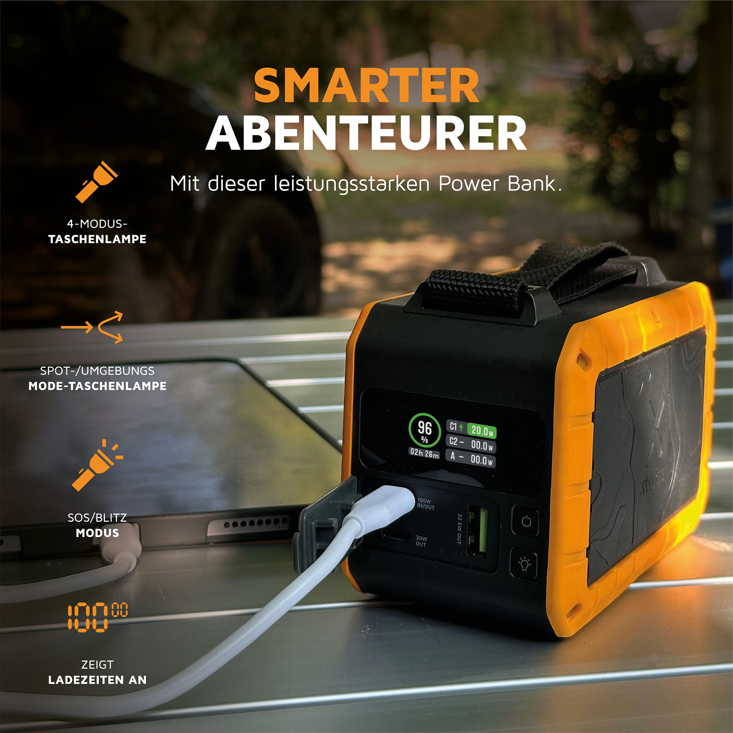 (100W) Xtreme Series Rugged 40000mAh Powerbank Dual USB C / USB A Ladegerät PD QC 3.0 mit LED Taschenlampe (XR204) - Schwarz / Orange
