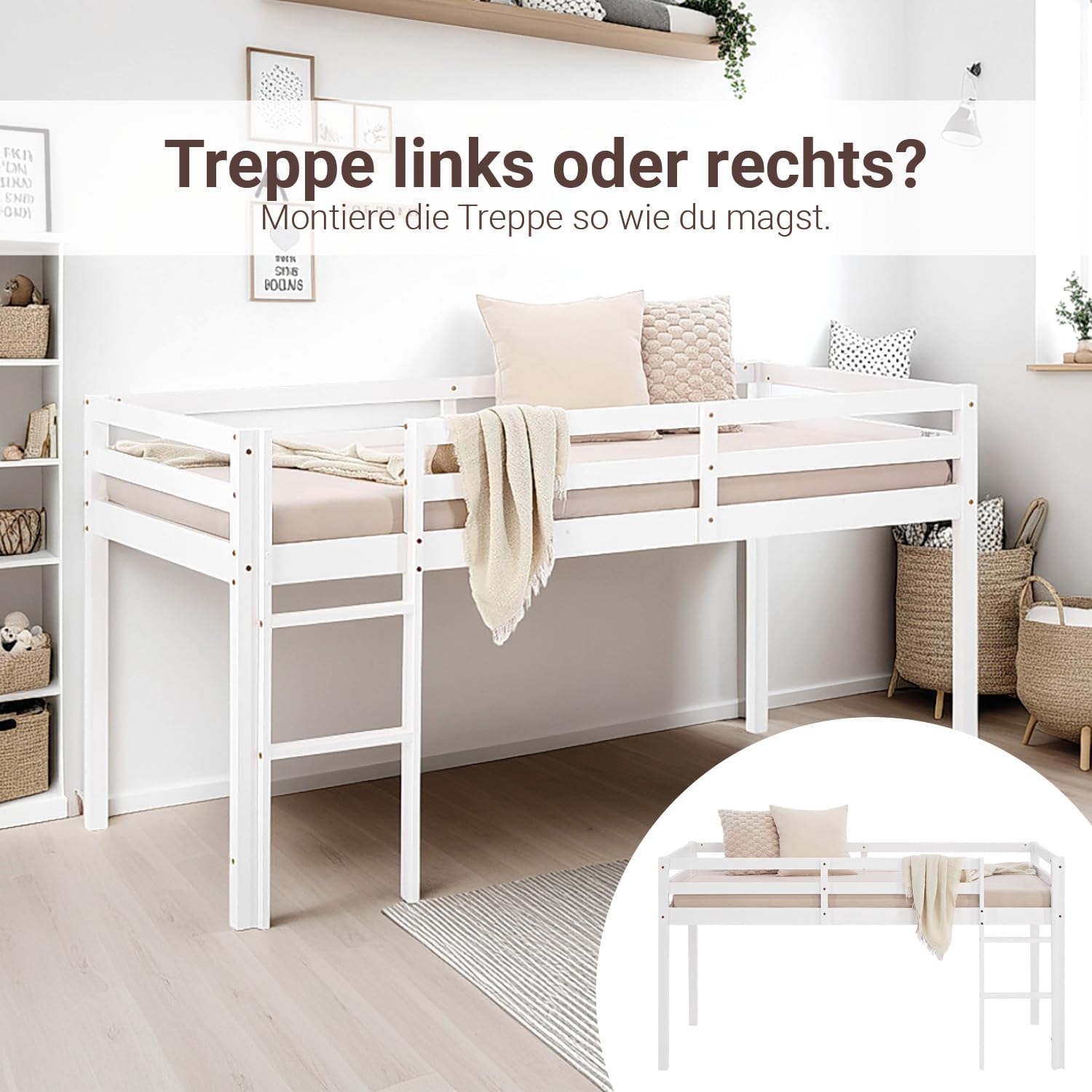 Homestyle4u Hochbett 90x200 Weiß Holz mit Treppe für Kinder Kinderbett mit Rausfallschutz Jugendbett Etagenbett Kiefer Massivholz | Artikel 1433