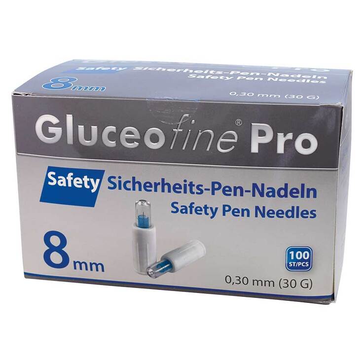 Gluceofine® Pro Safety Sicherheits-Pen-Nadeln 30 G 0,3x8 mm, 100 St