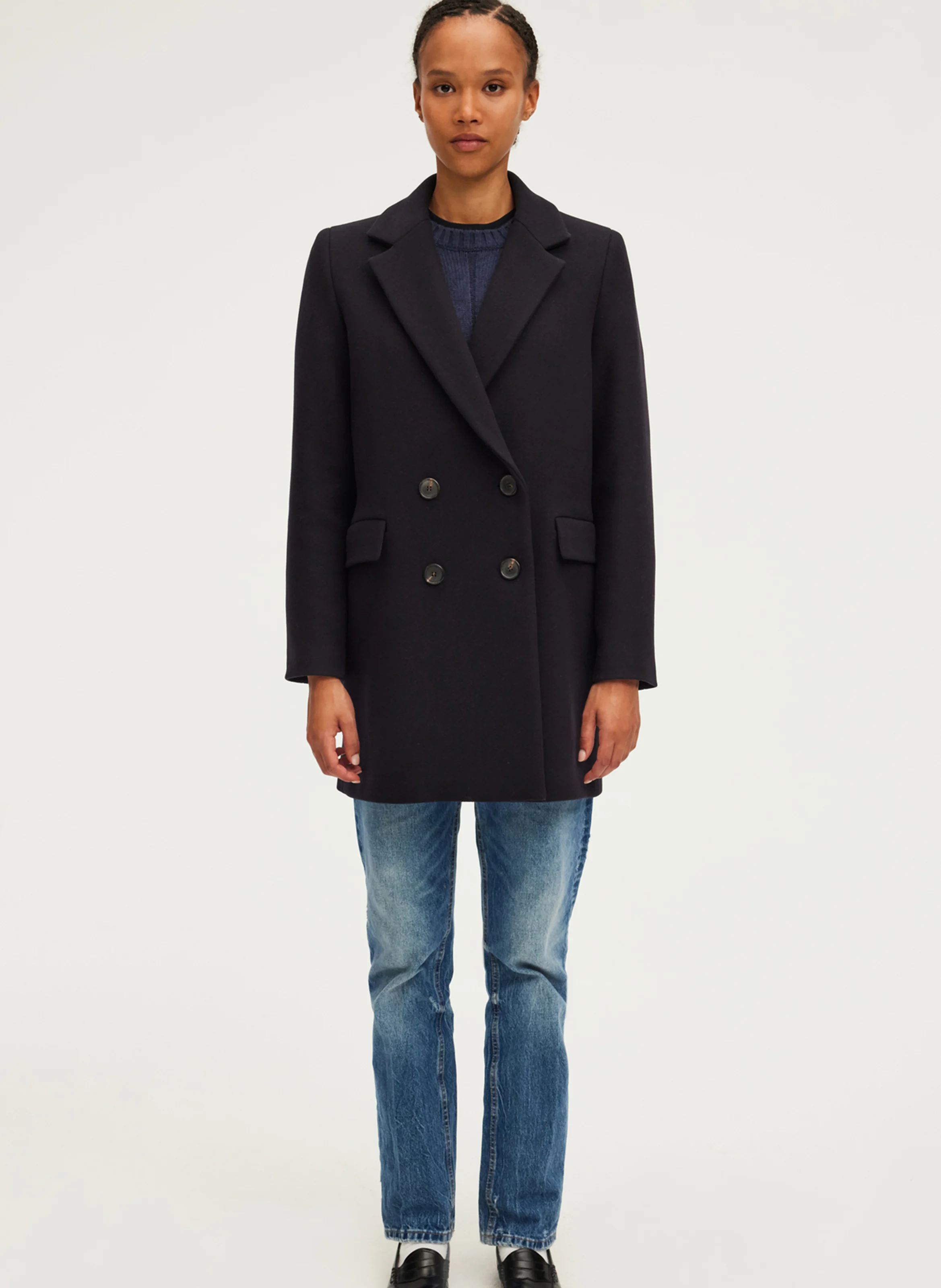 LIANE - Manteau droit à boutonnage croisé en laine mélangée | Bleu