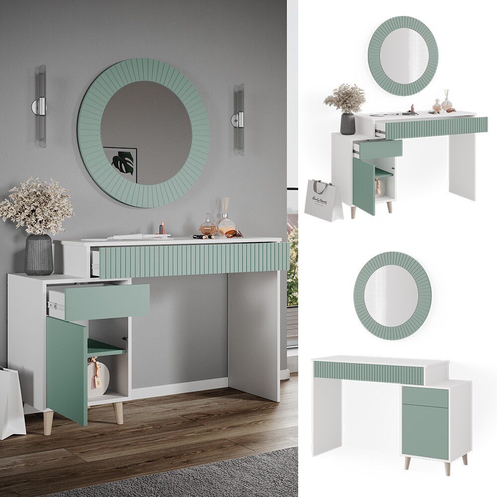 Vicco Schminktisch Frisiertisch Kosmetiktisch Arles Weiß Mintgrün Schminkspiegel 120x77 cm Skandi Schlafzimmerkommode Schminkkommode Schublade Ablage Aufbewahrung Frisierkommode Make-Up-Tisch