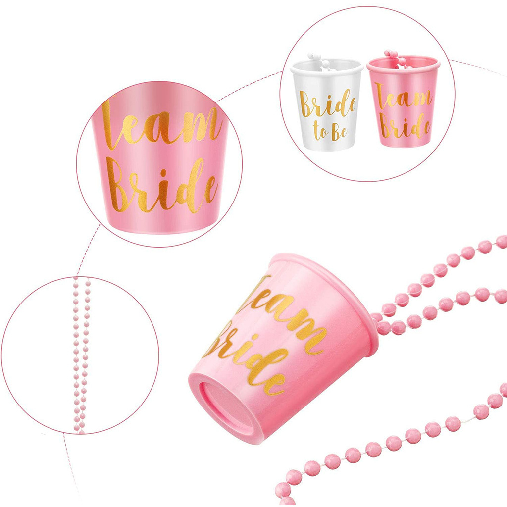 (12er Set) Mehrweg Shot Becher mit Kette Junggesellinnenabschied Bride to Be Party Deko - Rosa / Weiss