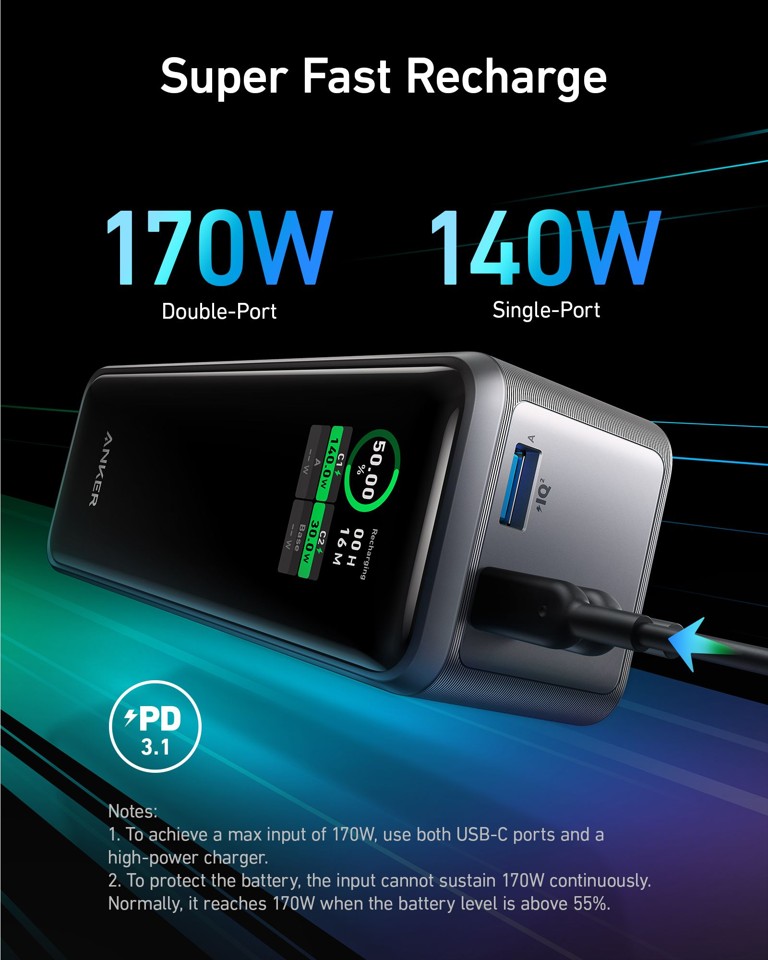 Anker - Prime - Power Bank - 27650mAh Power Bank (250W) - Sort