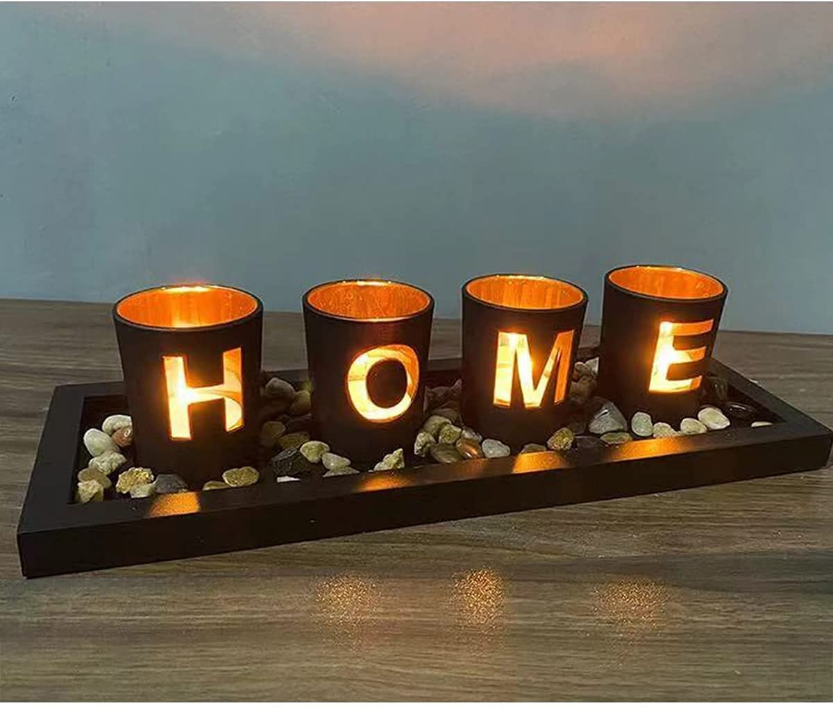 (6-tlg. Set) Deko Teelicht Halter Home Accessoire Kerzen Windlicht Set   Steine